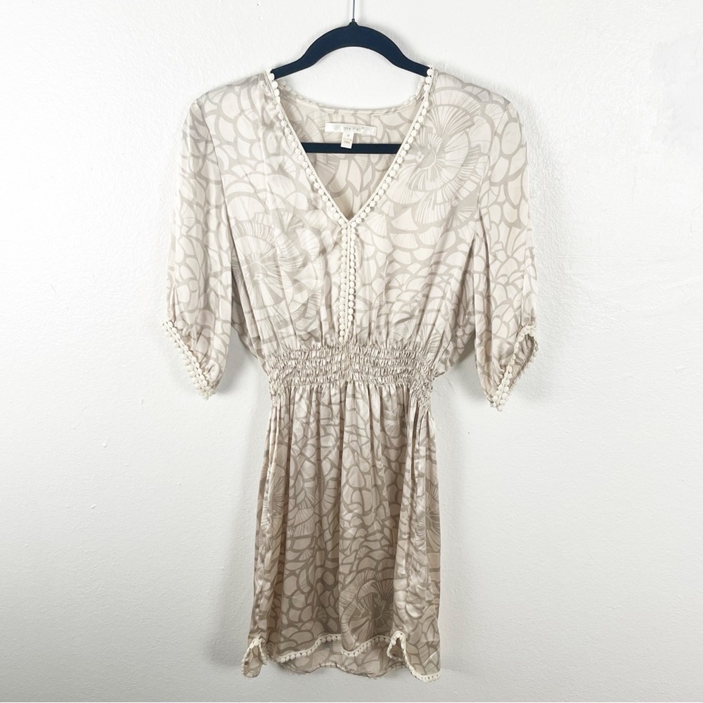 JENNY HAN 100% Silk Tan Printed V-Neck Pom Pom Trim Smocked Waist Dress Medium